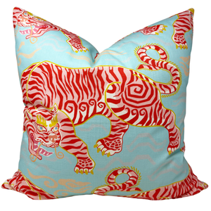 22" Tigers of Tibet Pillow Cover in Aqua