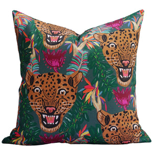 Fierce Leopard Pillow in Midnight Green