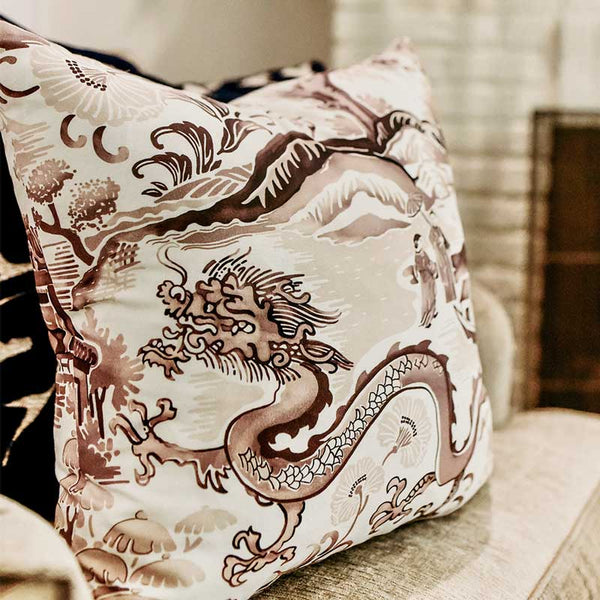 Gardens of Chinoise Pillow in Stoneware on Chair