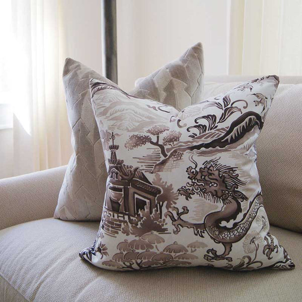 Gardens of Chinoise Pillow in Stoneware on Sofa